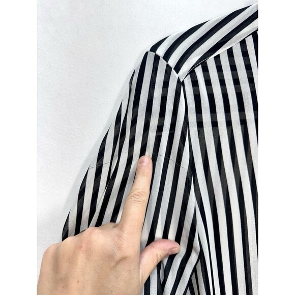 Chicos Semi Sheer Button Top Womens 0/Small Black White Stripe Side Tie 3/4 Slv - Picture 7 of 13